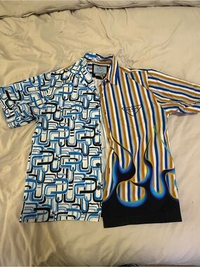 Prada Blue, Yellow & Black Mixed-Pattern Short-Sleeve Shirt